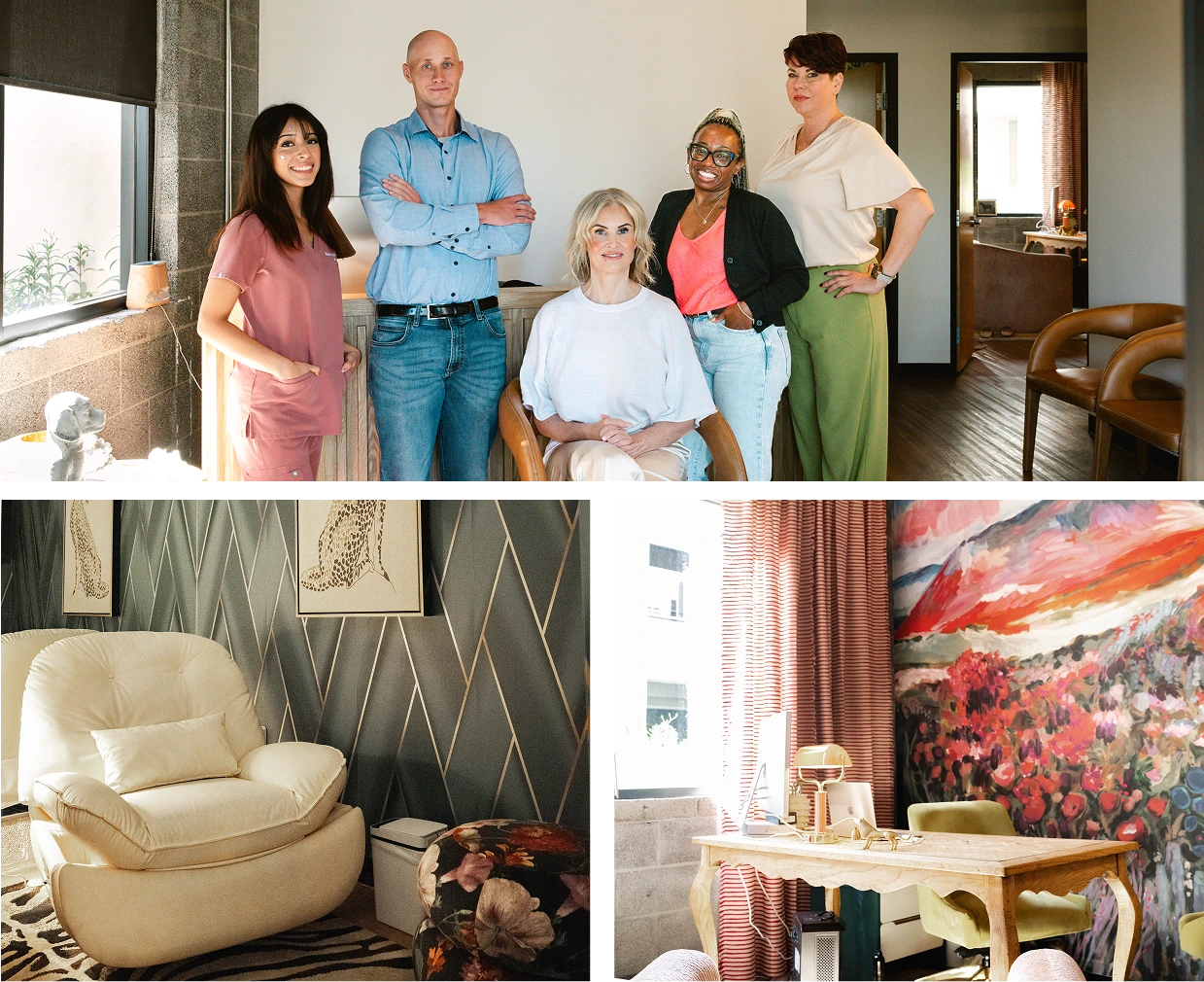 A practice team standing together, with photos of a treatment room and a provider's office below