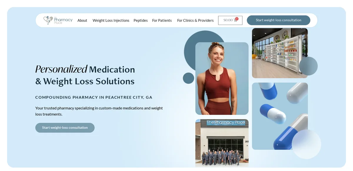 The Pharmacy Place compounding pharmacy website with peptide and weight loss consultation booking