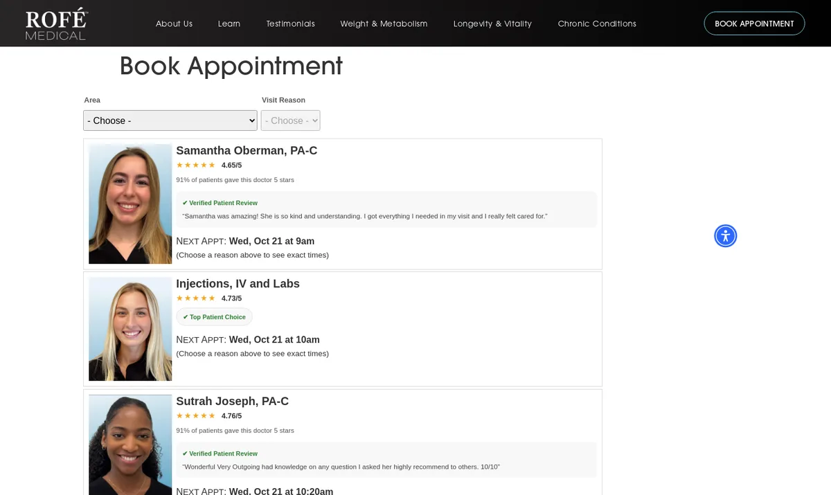 Rofé Medical online booking page showing providers, patient ratings and next open appointment times