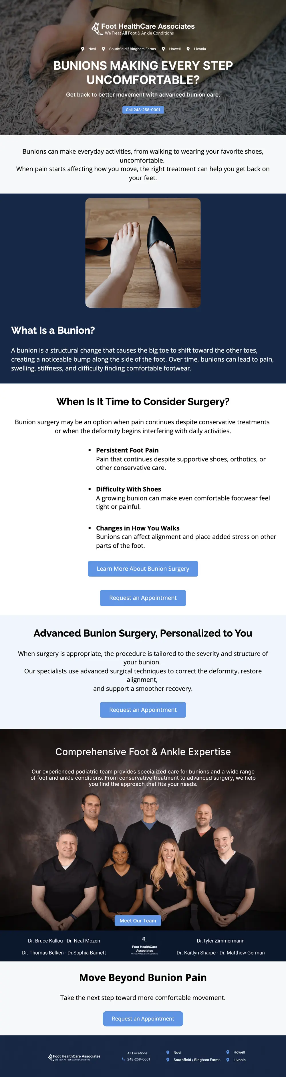 Email blast from a podiatry practice about bunion pain: what a bunion is, when to consider surgery, and the surgical team
